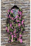 Mooie korte groen-rose jurk met bloemen print _