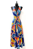 Zomerse blauwe-gele-oranje armloze maxi jurk_