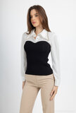 Zwart-witte popeline shirt met fancy kraag met strass-steentjes en parels_