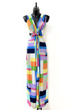 Mouwloze maxi jurk met abstracte blauwe kleuren mix_