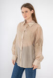 Modieuze taupe-wit-zwarte doorschijnende hemdblouse met kanten detail_