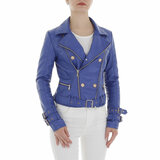 Sportieve korte blauwe leatherlook jacket_