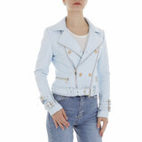 Sportieve korte licht blauwe leatherlook jacket_