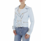 Sportieve korte licht blauwe leatherlook jacket_