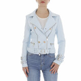 Sportieve korte licht blauwe leatherlook jacket_