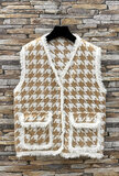 Beige-witte mouwloze cardigan_