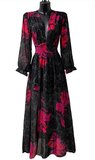 Maxi robe longue noir-rouge mix a motif fleurs_