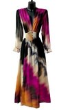 Maxi robe longue fuchsia-noir-beige mix a motif _