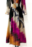 Maxi robe longue fuchsia-noir-beige mix a motif _