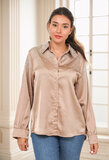 Elegante taupe satijnen oversized hemdblouse_