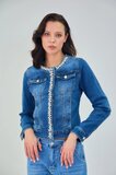 Korte donker blauwe jeans jacket met parels en strass_