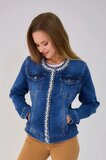 Hippe korte donker blauwe jeans jacket met parels en strass_