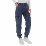 Modieuze donker blauwe high waist cargo jeans broek._