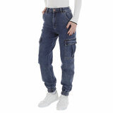 Modieuze donker blauwe high waist cargo jeans broek._