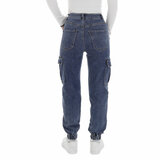 Modieuze donker blauwe high waist cargo jeans broek._