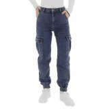 Modieuze donker blauwe high waist cargo jeans broek._