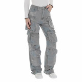 Modieuze licht grijze high waist cargo jeans broek_