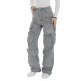 Modieuze licht grijze high waist cargo jeans broek_