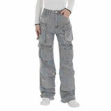 Modieuze licht grijze high waist cargo jeans broek_