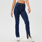 Trendy donker blauwe high waist jeans broek met split_