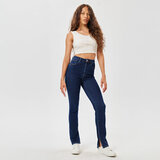 Trendy donker blauwe high waist jeans broek met split_