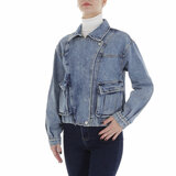 Korte trendy blauwe jeans jacket met omslag_