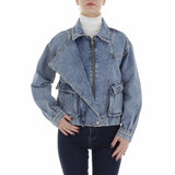 Korte trendy blauwe jeans jacket met omslag_