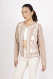 Taupe cardigan met witte 3 d bloemen_