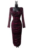 Lange bordeaux mix bodycon jurk met rechthoekige kraag_