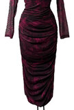 Lange bordeaux mix bodycon jurk met rechthoekige kraag_