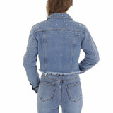 Korte blauwe jeans jacket in used look_