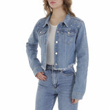 Korte blauwe jeans jacket in used look_