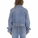 Korte blauwe jeans jacket in used look en v -hals _