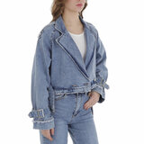 Korte blauwe jeans jacket in used look en v -hals _