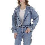 Korte blauwe jeans jacket in used look en v -hals _