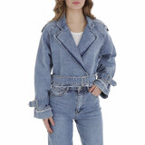 Korte blauwe jeans jacket in used look en v -hals _