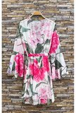 Prachtige korte fuchsia-groene wikkeljurk met bloemenprint_