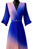 Elegante blauw-rose maxi plisse jurk _