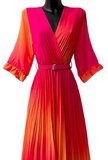 Elegante fuchsia-oranje maxi plisse jurk _