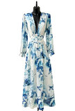 Sierlijke wit-licht blauwe mixed maxi jurk met bloem motief_