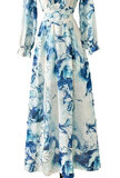 Sierlijke wit-licht blauwe mixed maxi jurk met bloem motief_
