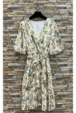 Mooie korte crossover beige groene jurk met bloemen print  _
