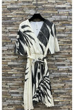 Mooie korte crossover beige zwarte jurk met palm print  _