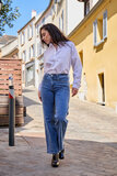  Blauwe jeans broek voor dames met strass en wijde pijpen_