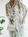 Prachtige pastel groen-beige mixed maxi jurk met bloem motief_