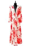 Sierlijke wit-rode mixed maxi jurk met bloem motief_