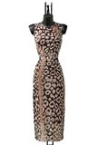 Prachtige lange mouwloze bruin-beige bodycon jurk met bloemmotief_