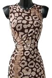 Prachtige lange mouwloze bruin-beige bodycon jurk met bloemmotief_
