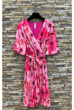 Mooie korte crossover rose-fuchsia jurk met bloemen print  _