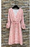 Mooie korte crossover pastel rose-groene jurk met bloemen print_